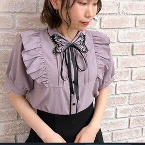 Axes Femme Poetique Butterfly Applique Collar Grey Purple Ruffle Blouse